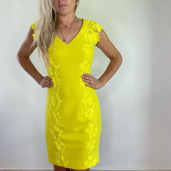 Badgley Mischka Chartreuse Yellow Lace Dress sz 4 - Picture 14 of 14